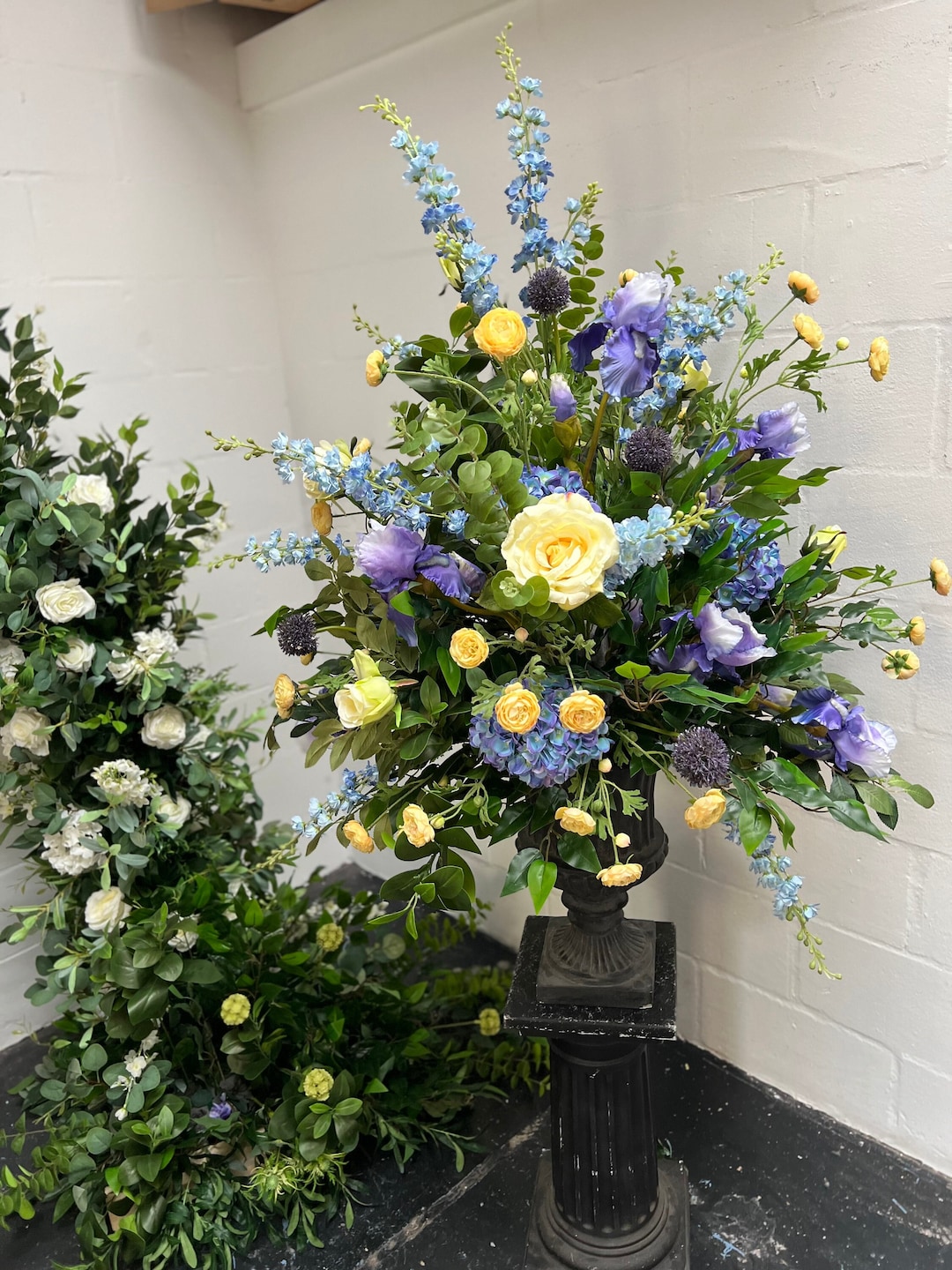 Spring Flower Urn, Wedding Flower Urn, Yellow Flower Urn, Blue Flower