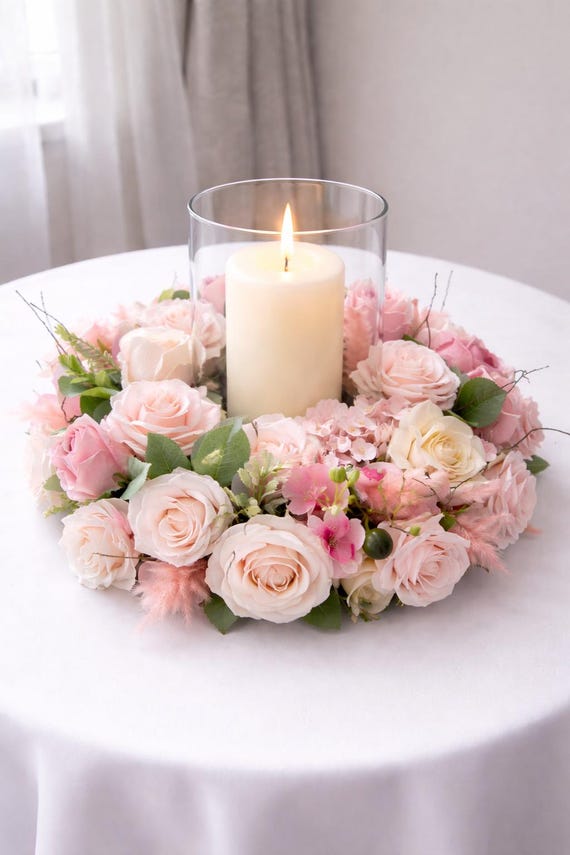ピンクの花装飾　インテリアキャンドル　メモリアルキャンドル　レトロ　結婚式 ブラッシュピンクのフラワーキャンドルリング、ウェディングテーブルの