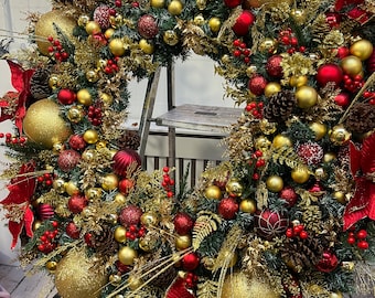 XLサイズの巨大クリスマスリース、ゴールドとレッドのクリスマスリース