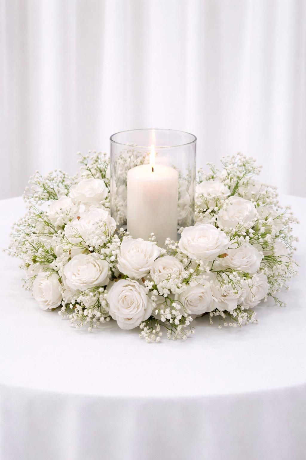 White Silk Rose Candle Wreath