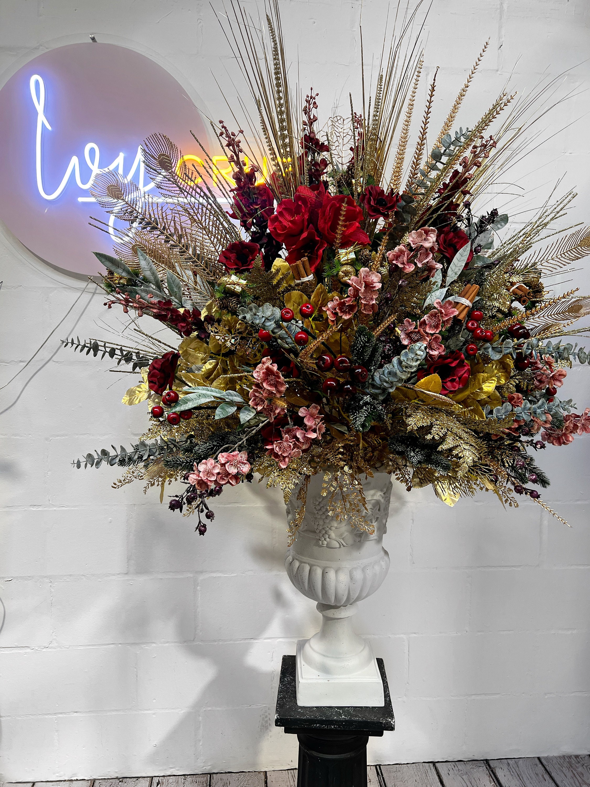 Christmas Flower Urn, Centrepiece, Red & Gold Urn Centrepiece