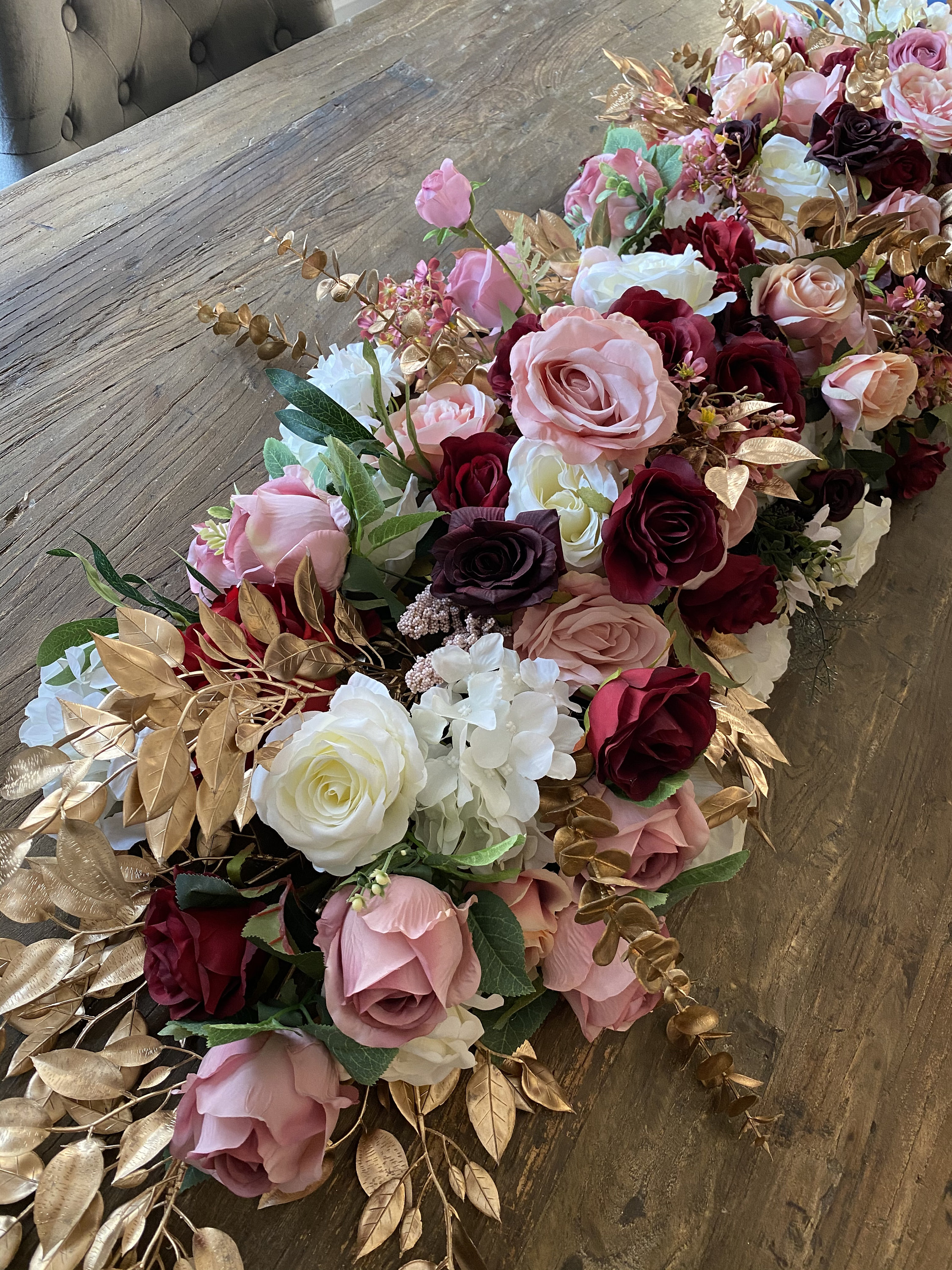 Gold & Pink Flower Garland, Burgundy Runner, Pink Floral Gold Swag, Table Runner