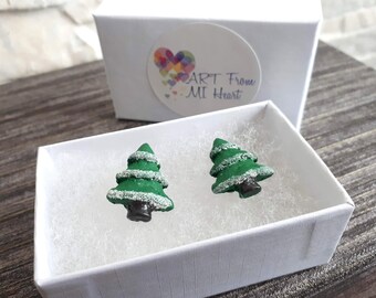 Green Christmas Tree Earrings, Cute Holiday Earrings, Novelty Christmas Earrings For Girls, Green and Silver Stud Earrings