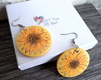 Sunflower Earrings, Yellow Flower Jewelry Boho, Sunflower Jewelry For Women, Cute Sunflower Birthday Gift For Her, Wood Sunflower Painted