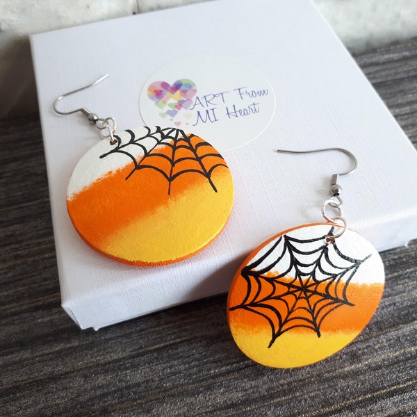 Halloween Jewelry Spider Web Earrings Wood Candy Corn, Cute And Spooky Halloween Accessory For Girls, Halloween Gift Women, Creepy Cute Gift