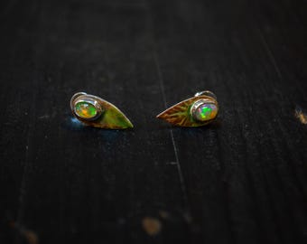Opal Leaf Earrings, Sterling Silver Enamel