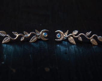 Opal Earrings, Sterling Silver 925, Crescent Moon & Leaves