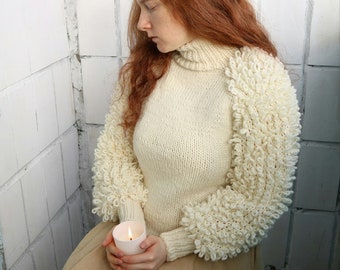 knitted sweater, loopy sleeves, fuzzy sweater, sweater with Fringe, bohemia...