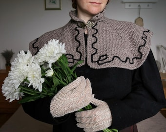 Victorian Style Knitted Capelet, Victorian Wool Blend, cape with embroidery soutache