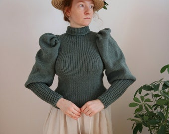 Edwardian sweater, cycling sweater, puff sleeves, knitted sweater, green sweater, leg of mutton sleeves, gigot sleeves, gibson girl