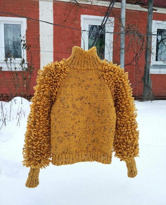 Cable Knit Sweater Loopy Sleeves Fuzzy Sweater Fringe Sweater