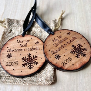 Decoration My first Christmas 2025 and snowflakes. Wooden rustic ornament engraved for Christmas tree. Lucky charm, memorial CUSTOMIZABLE