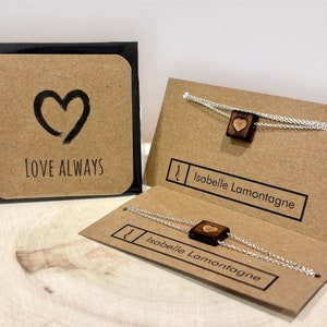 Ensemble Cadeau, Carte Love Always, Collier et Bracelet Coeur en Bois Récupéré