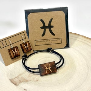 Gift Set, Card, Reclaimed Wood Earrings and Bracelet -Pisces