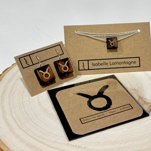 Ensemble Cadeau, Carte, Collier et Boucles d'Oreilles en Bois Récupéré Taureau