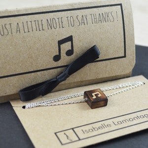 English or French - Recovered Wooden Necklace Music Note 16in Silver Chaine Women Gift Just a little note to say thanks