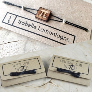 English or French - Adjustable Square Recovered Wooden Bracelet Pi Symbol Brut Burned Brown Beige and Black Cord Women With Gift Wrap