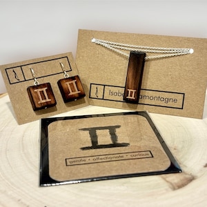 Ensemble Cadeau, Carte, Collier et Boucles d'Oreilles en Bois Récupéré Gémeaux