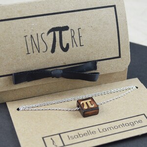 Recovered Wooden Necklace PI Silver Chaine Brut Burned Brown Beige Women Rustic Simple Pi Symbol Teacher Professor Educator Gift