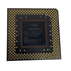 May include: A square, black Intel Pentium processor with gold pins. The processor has the Intel logo and the word "pentium" printed on it. Additional text includes "w/ MMX tech", "FV80503200", "SL27J/2.8V", "A4", "C8280533-1142", and "©'92'95".