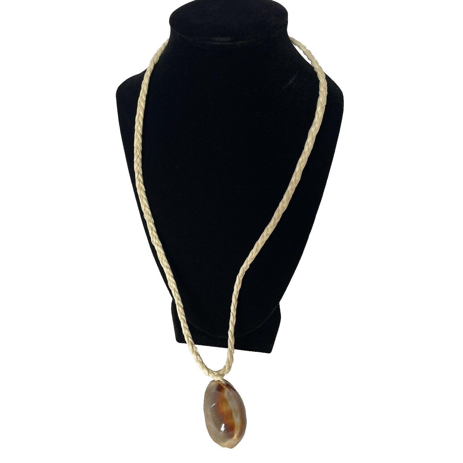 Large Brown Blue Cowrie Shell Pendant Necklace Hand Woven Straw Marshall Islands