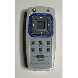 May include: A gray Frigidaire remote control with blue accents and multiple buttons for temperature and fan control. Features buttons for cool, energy saver, sleep, and timer functions. The brand name "Frigidaire" is printed at the bottom.