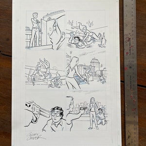 Peut inclure: Page de bande dessinée en noir et blanc représentant une scène avec plusieurs personnages. Les personnages sont dessinés dans un style cartoon et sont engagés dans diverses actions, notamment courir, sauter et tirer. La page est intitulée "MARVEL" et comprend le texte "ALL BLEED ART MUST EXTEND TO SOLID LINE".