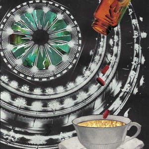 Könnte beinhalten: Eine weiße Teetasse mit goldener Verzierung und eine Untertasse stehen auf einem schwarz-weißen Hintergrund. Rote Pillen fallen aus einer Glasflasche in die Teetasse.