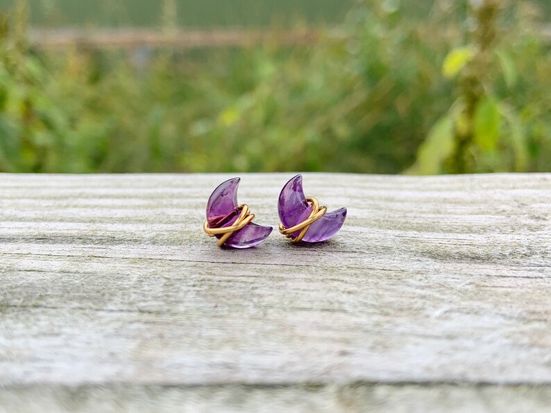 Amethyst Moon Stud Earrings | Minimalist Wire Wrapped Celestial Jewelry | Boho Crescent Moon Crystal Earrings | Witch Lunar Star Earrings 