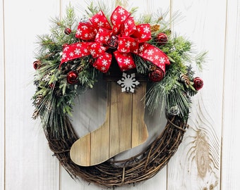 Christmas Door Wreath-Winter Wreath-Holiday Wreath-Farmhouse Wreath-Christmas Farmhouse -Winter Door Wreath-Stocking Wreath