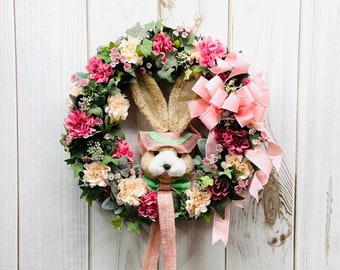 Easter Bunny Wreath: Spring Floral Door Hanger, Burlap Bunny