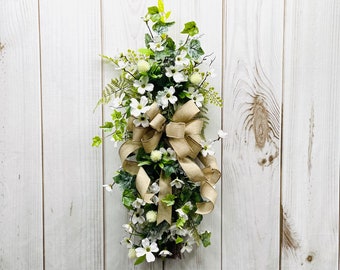 Dogwood Spring Door Swag – White Floral Easter Wreath, Linen Bow