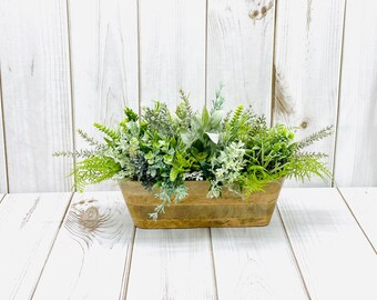 Farmhouse Greenery Centerpiece: Faux Succulents in Wood Planter