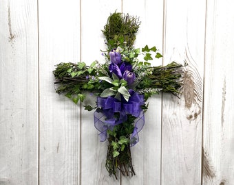Purple Tulip Cross Wreath – Spring Easter Religious Door Decor