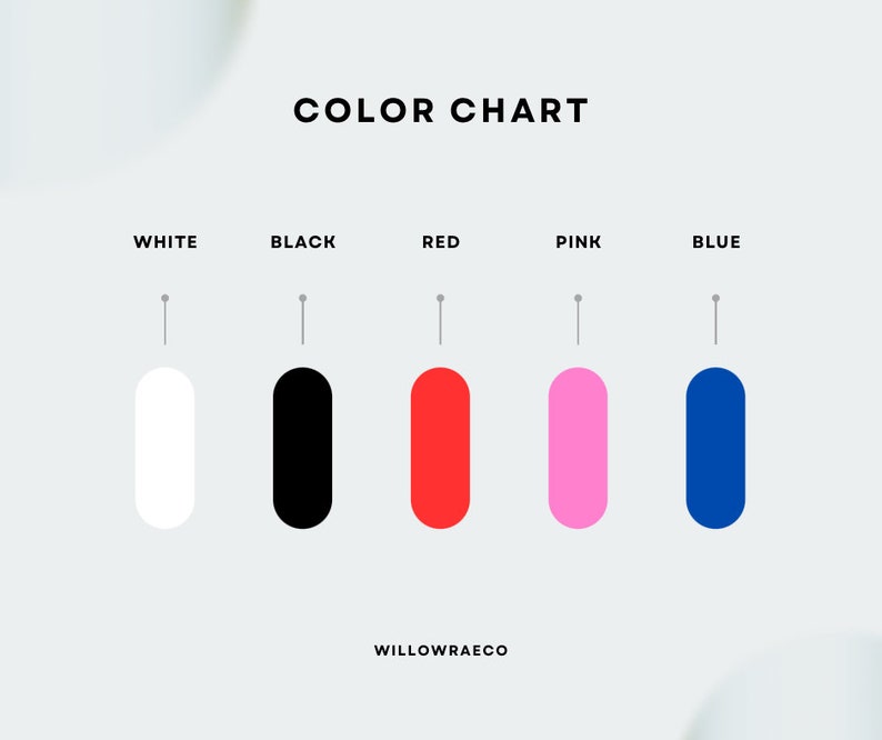 May include: Color chart with five color swatches: white, black, red, pink, and blue. The text "COLOR CHART" is at the top of the image. The text "WILLOWRAECO" is at the bottom of the image.