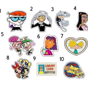 May include: A set of ten cartoon character stickers featuring characters from popular animated television shows. The stickers are numbered 1 through 10 and feature characters such as Dexter's Laboratory, The Powerpuff Girls, and Jimmy Neutron.