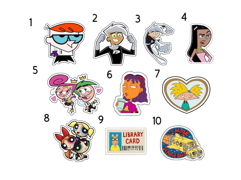 May include: A set of ten cartoon character stickers featuring characters from popular animated television shows. The stickers are numbered 1 through 10 and feature characters such as Dexter's Laboratory, The Powerpuff Girls, and Jimmy Neutron.