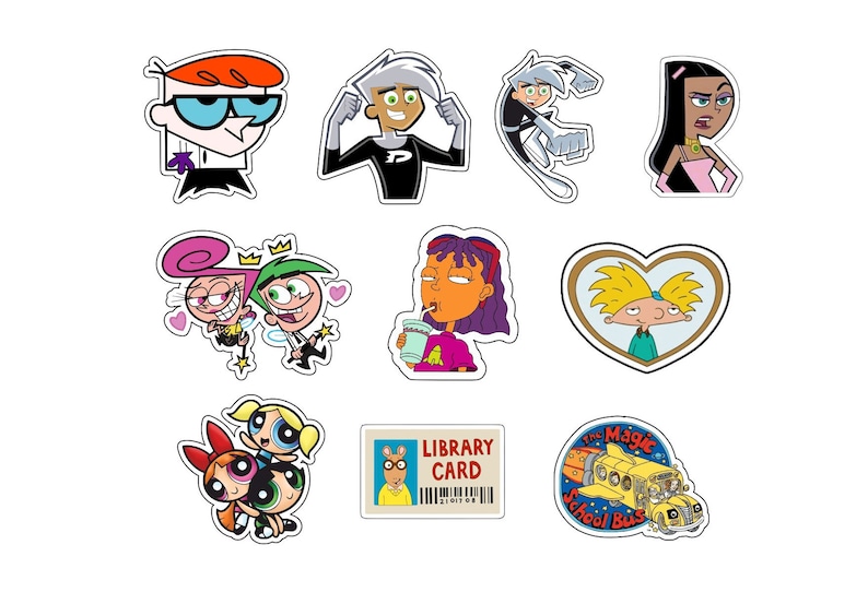 May include: A set of nine cartoon character stickers featuring characters from popular animated television shows. The stickers include Dexter's Laboratory, Danny Phantom, The Powerpuff Girls, The Fairly OddParents, and Doug.