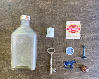 Vintage Curated Collectible Lot | Antique Glass Bottle, Brass Skeleton Key, Thimble, Marble, Hav-A-Tampa Cigar Pack & More
