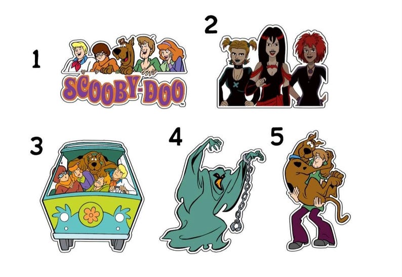 May include: A collection of cartoon stickers featuring characters and elements from the Scooby-Doo franchise. Includes the Scooby-Doo gang, the Mystery Machine van, and various villains. The stickers are colorful and have a cartoon style.