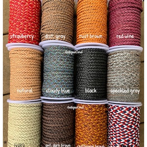 May include: Ten spools of 5 mm flat braided leather cord in various colors, including strawberry, rust brown, red wine, natural, cloudy blue, black, speckled gray, ivory, ant. dark brown, and flag.  Premium Genuine Leather Flat Braided Lace by Antique Cord.