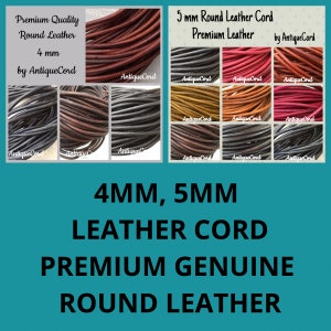 May include: A selection of 4 mm and 5 mm round leather cord in various colors. The cord is made of premium genuine leather and is perfect for crafting jewelry, accessories, and other projects.