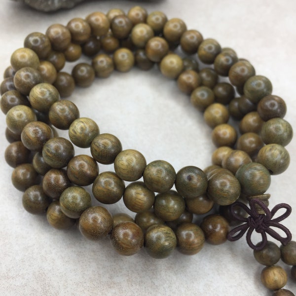 108 Pcs - 8MM Green Sandalwood Verawood Mala Prayer Beads Fragrant Natural Wood Buddha Full Strand - W1001