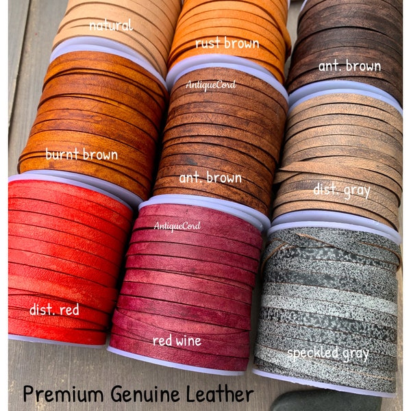5mm Premium Genuine Flat Leather Cord Antique 5.0 mm x 1.0 mm Flat Lace By The Yard Distressed Flat Lace 47 color choices