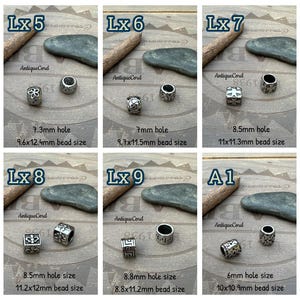 May include: Six silver metal beads with different designs and sizes. The beads are labeled with the letters Lx5, Lx6, Lx7, Lx8, Lx9, and A1. The beads have different hole sizes and bead sizes, which are listed below each bead.