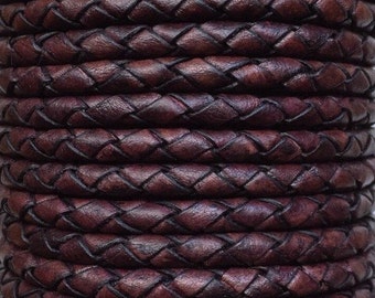 6.5mm - 7mm Cherry Premium Round Leather Braided Cord Antique Brown Cording By The yard Bolo Round Cord Genuine Leather Cords 86