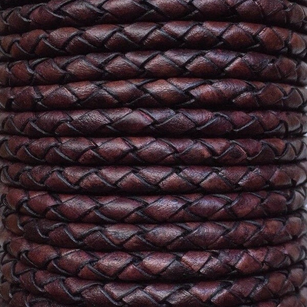 6.5mm - 7mm Cherry Premium Round Leather Braided Cord Antique Brown Cording By The yard Bolo Round Cord Genuine Leather Cords 86