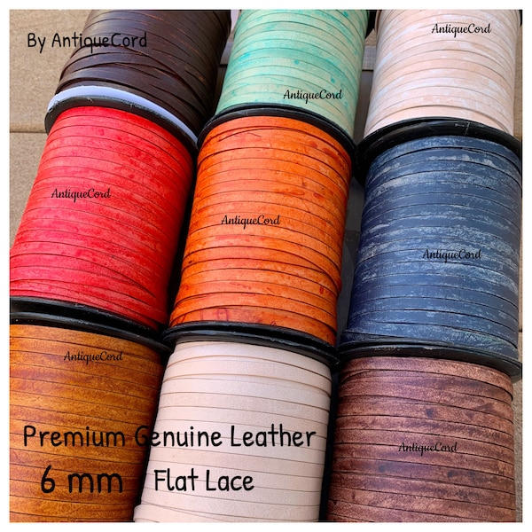 6mm Premium Genuine Flat Leather Cord Antique 6.0 mm x 1.0 mm Flat Lace By The Yard Distressed Flat Lace 38 color choices