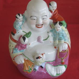 Antique Signed Porcelain Statue of Laughing Buddha with Children