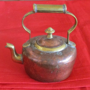 Antique Solid Oval Copper Kettle with Brass Handle, Spout & Finial